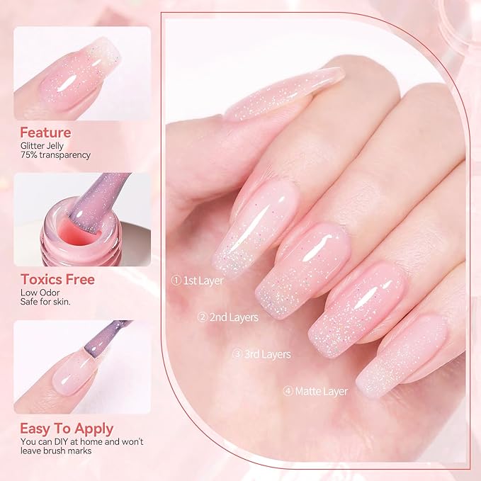 Born Pretty Jelly Gel Nail Polish Jelly Glitter Pink Gel Polish Holographic Shimmer Pink Natural Translucent Soak Off Hema-Free Gel Polish Nail Art DIY 15ML