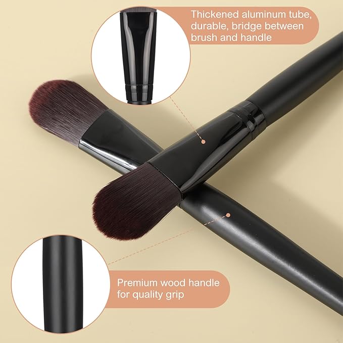 12 Pcs Flat Foundation Brushes with Soft Nylon Bristles and Wooden Handle, Makeup Brushes for Liquid Make Up, Foundation Face Brush for Blending Liquid Cream Powder Cosmetics, Black