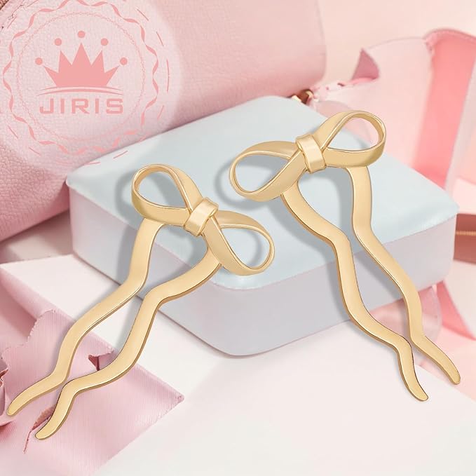 2PCS 5.5Inch Bow French Hair Pins Large U-Shaped Pins for Women and Girls Fashion Metal Hair Pin French Twist Hair Pins for Buns, Updos,Stylish and Functional(set5-gold)