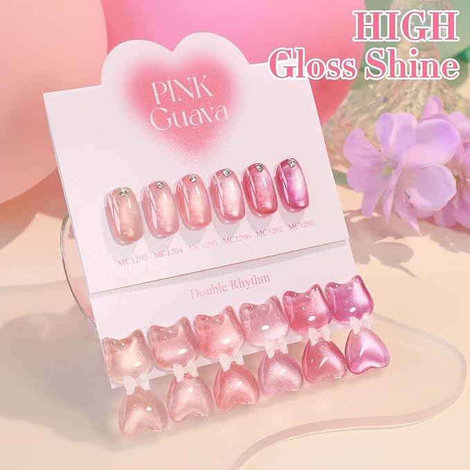 Double Rhythm Cat Eye Gel Nail Polish Set of 6 Same Color Same Bottle 0.5 Oz Shimmer Glitter with Magnet Holographic Reflective Magnetic UV Nail Polish Kit at Home (Glass Nude Pink Rose-T6-45)