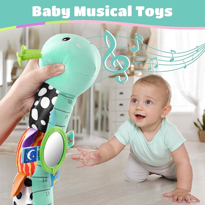 Baby Toys 6-12 Months Music Caterpillar Infant Toys Stuffed Animals 0-3-6 Months Teething Tummy Time Sensory Toys with Mirror Rattle&Pull String for Boys Girls Birthday Gifts|Tiffany Blue,Leafy