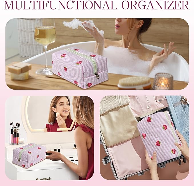 Quilted Makeup Pouch,Cotton Puffy Makeup Bag, Coquette Cosmetic Bag for Women and Girls, Aesthetic Organizer Bag, Cute Flower Travel Toiletry Bag