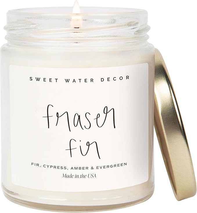 Sweet Water Decor Fraser Fir Candle - Evergreen, Cedar, Winter Holiday Scented Soy Christmas Candles for Home - 9oz Clear Jar, 40 Hour Burn Time, Made in The USA