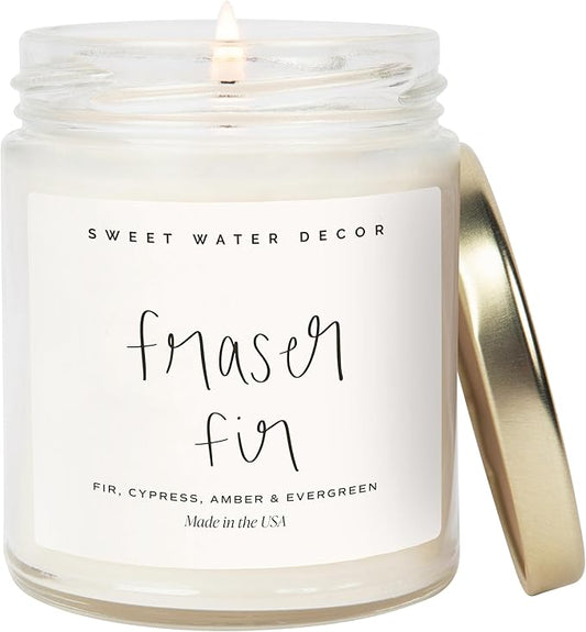 Sweet Water Decor Fraser Fir Candle - Evergreen, Cedar, Winter Holiday Scented Soy Christmas Candles for Home - 9oz Clear Jar, 40 Hour Burn Time, Made in The USA