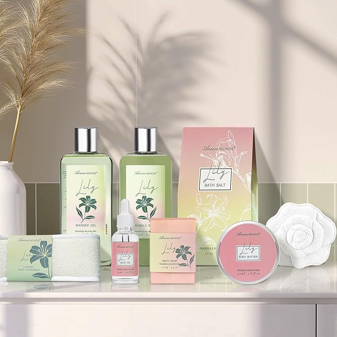 Spa Gift Baskets for Women Bath and Body Gift Set, 9pcs Spa Gifts for Women, Lily Bath Gift Set with Bubble Bath, Body Lotion, Christmas Gifts for Her Relaxing Bath Sets