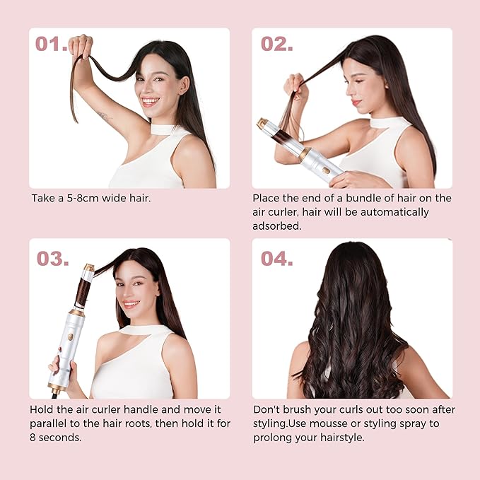 6 in 1 Air Styler Magic Hair Dryer Brush, Negative Ionic Blow Dryer Brush & 3 Heat Settings, Detachable Auto Curling & Straightening Volumizing, Frizz-Free Styling, Salon to Home Use (White-Pink)
