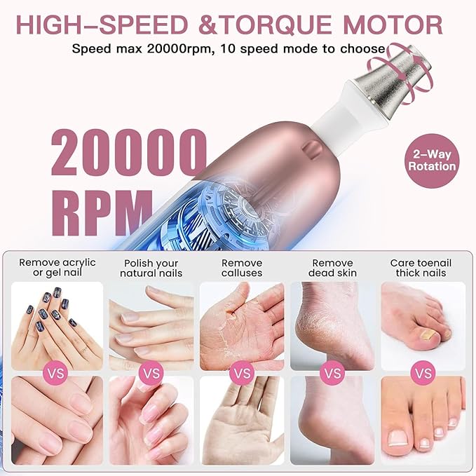 Electric Nail File Set, 9 in 1 Professional Manicure and Pedicure Kit, Cordless Nail Drill for Feet, LCD Display 10 Speeds Electric Nail Drill Machine, Hand Foot Care Tool