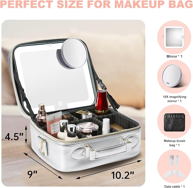Mocado Travel Makeup Bag with LED Lighted Mirror,Travel Makeup Organizer,Makeup Case with 3 Color Lighted Setting and 10x Magnifying Mirror,Portable Storage and Adjustable Dividers Makeup Box(Silver)