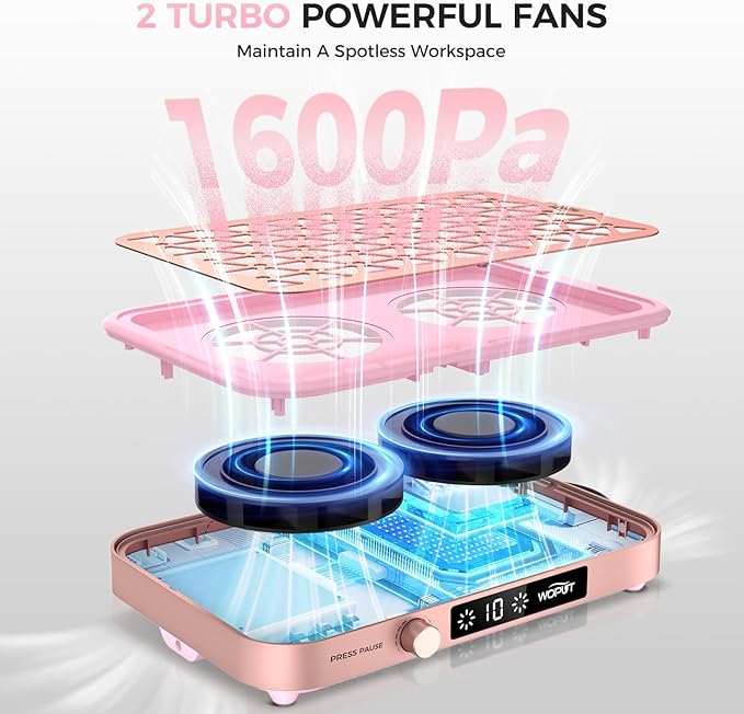 Nail Dust Collector, 1600PA Professional Nail Vacuum Dust Collector Fan with Filter Papers (30 Pcs) for Acrylic Nail Polishing & Manicure at Nail Salon & Home - Pink