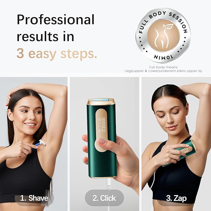 Laser Hair Removal, IPL Laser Hair Removal Device for Women & Men, Safe at-Home Nearly Painless 45°F Ice-Cooling Contact, Long-Lasting Result for Full Body & Face, Dark Green