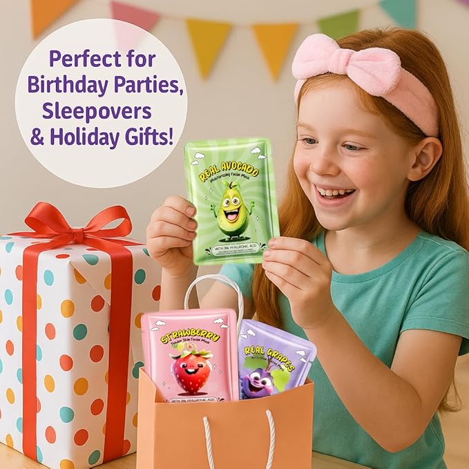 10 Pack Fruit Face Masks for Kids – Ultimate Spa Day Kit for Girls Ages 8-12, Adorable Natural Facial Masks, Party Favors & DIY Spa Kit, Creative, Fun, Nourishing Self-Care Experiences