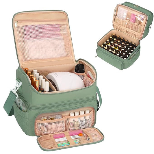 Nail Polish Organizer, Nail Organizers And Storage Bag Holds 48 Bottles & Full Size Nail Lamp, Double Layer Nail Tech Travel Case for Nail Supplies & Manicure Kit & Pedicure Tools (Green, 48 Slots)