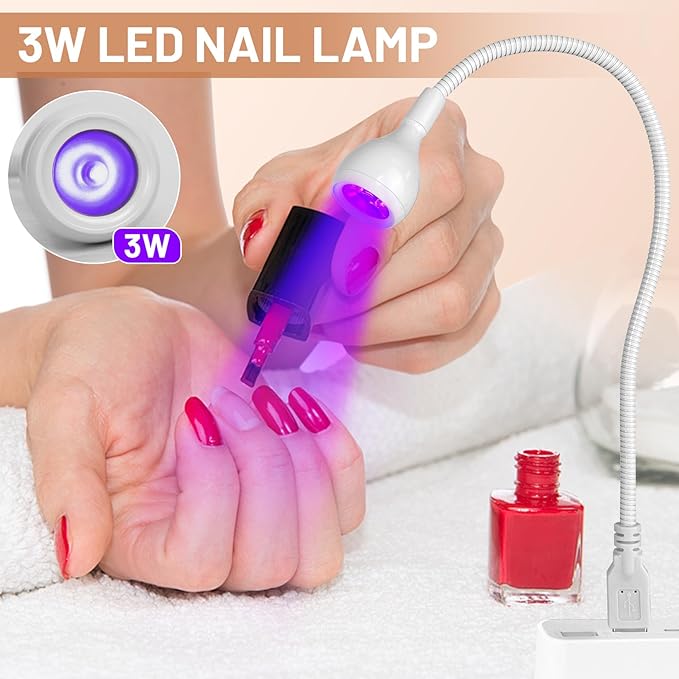 AORAEM UV LED Nail Lamp, 3W Portable Duck Neck UV Nail Lamps Dryer Gel Polish Curing Light with White Gooseneck for Gel Nails Tips USB Plug Play Nails Salon and Home DIY