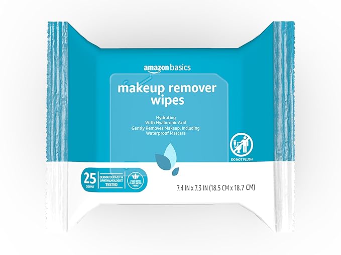 Amazon Basics Makeup Remover Wipes, Gentle Cleansing, Dermatologist Tested, Hydrating, Plant Based, Alcohol-Free, Removes Waterproof Mascara, 25 Count Per Pack, Pack of 1
