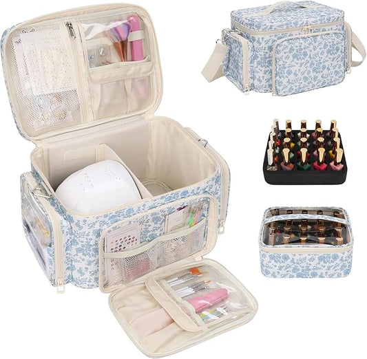 Nail Polish Organizer, Nail Polish Storage Holds 42+ Bottles & Nail Lamp, Portable Travel Nail Kit Storage Carrying Case Fits Nail Suppiles, Gift for Manicurist, Grils - Blue Flower