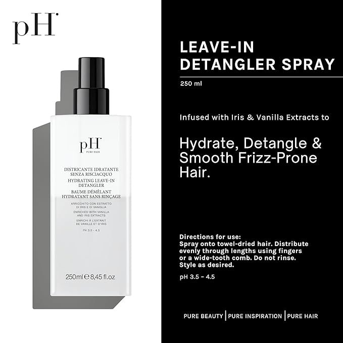 pH PURE HAIR Leave-In Detangler Spray – Curly Hair Detangler with Vanilla & Iris – Lightweight Curl Conditioner & Moisturizer for Shine, Frizz Control & Softness – Italian Luxury Hair Care - 8.45 Oz