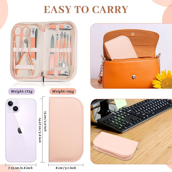 Manicure Set Nail Clipper Set Men Women 12 in 1 Nail Care Kit with Portable Case Travel Manicure Pedicure Tools Grooming Kit Beauty Salon(Rose Gold)