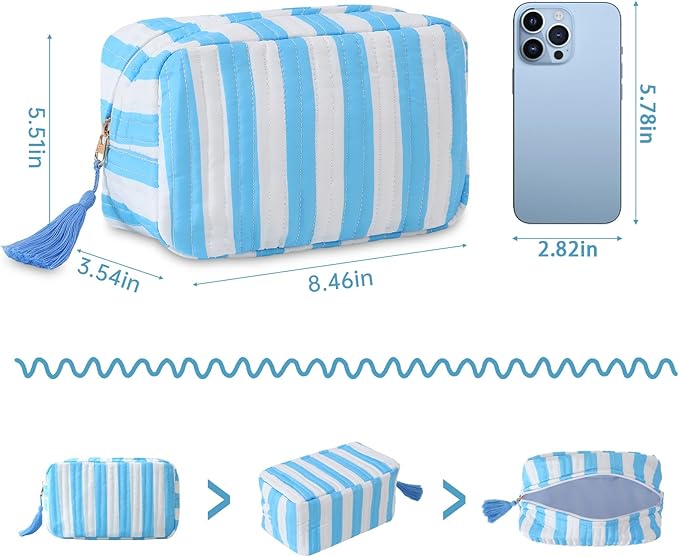 Quilted Makeup Bag for Women, Stripe Cosmetic Pouch with Tassel Zipper Travel Toiletry Organizer (White-Blue)