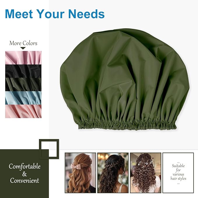 Shower Cap for Women, Double Layer Waterproof Bath Cap, Reusable Hair Protector, Large Waterproof Shower Bonnet Washable Elastic Band Bath Hair Hat for Long Hair, Braids， - Dark Green