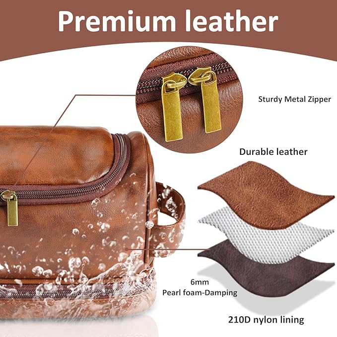 Toiletry Bag for Men, Large Leather Shaving Kit, Travel Essentials, Gifts for Father, Dad, Boyfriend, Grandpa, Water-resistant Shaving Bag for Toiletries Accessories