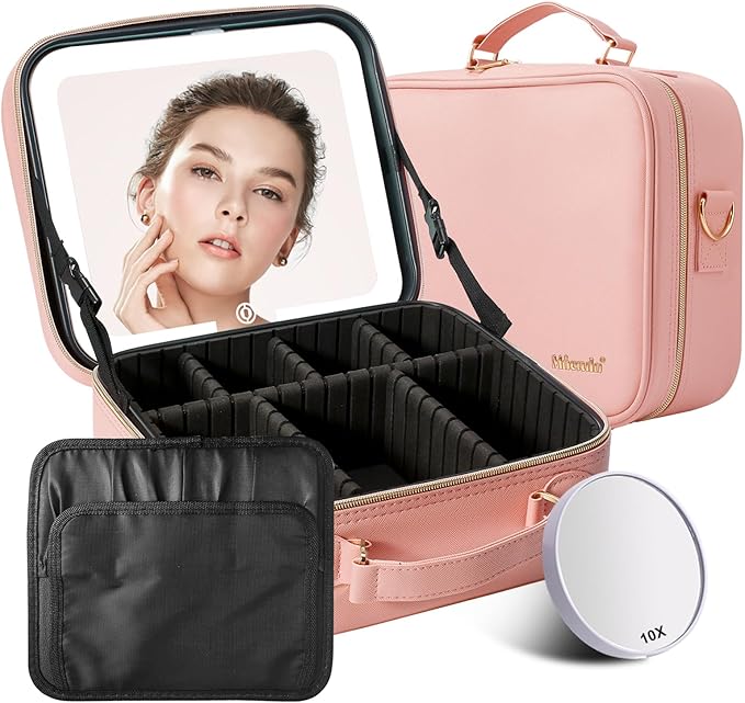 Mocado Travel Makeup Bag with LED Lighted Mirror, Travel Makeup Organizer, Makeup Case with 3 Color Lighted Setting and 10x Magnifying Mirror, Portable Storage and Adjustable Dividers Makeup Box(Pink)