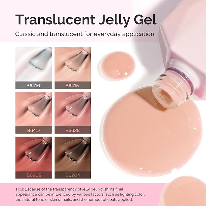 MelodySusie Jelly Gel Nail Polish Set,6 Transparent Colors,Milky or Jelly Texture,Sheer Earth Tones Colors Soak Off UV LED Light Cure or Salon Manicure and Nail Art DIY at Home