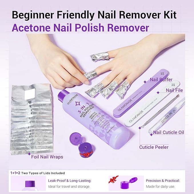Acetone Nail Polish Remover Kit: Soak off Gel Polish Remover Includes Nail File, Nail Buffer Block, Cuticle Peeler, 100 PCS Foil Nail Wraps and Nail Cuticle Oil(8 Fl.Oz.)