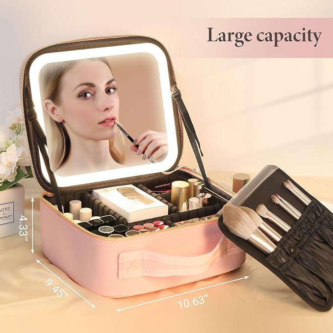 Travel Makeup Bag with LED Lighted Mirror, Cosmetic Makeup Organizer Bag with 3 Color Setting, Makeup Train Case with Adjustable Dividers for Women Makeup Brushes Jewelry Accessories (Pink)