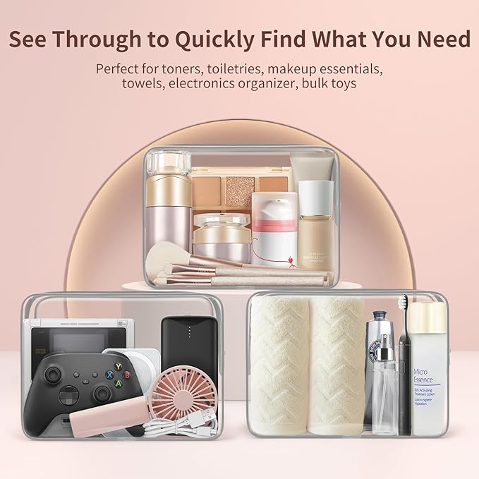 TISRATOK 12 PCS Clear Makeup Bag for Women with Zipper, TSA Approved Toiletry Pouch, Cosmetic Bag Bulk for Travel Organizer Essentials - Grey,Large