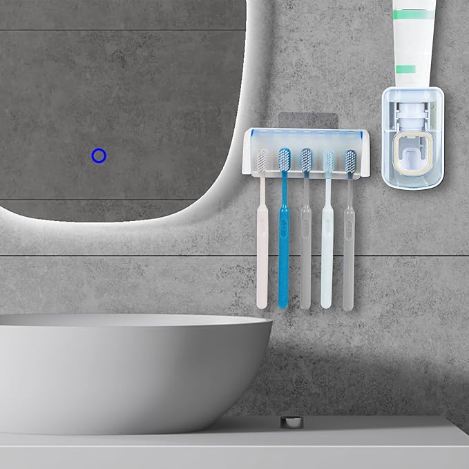 5 Slots Wall Mount Toothbrush Holder with Cover, Self Adhesive Toothbrush Storage Organizer for Shower, Toothbrush Hanger with Automatic Toothpaste Squeezer Dispenser(White + Blue)