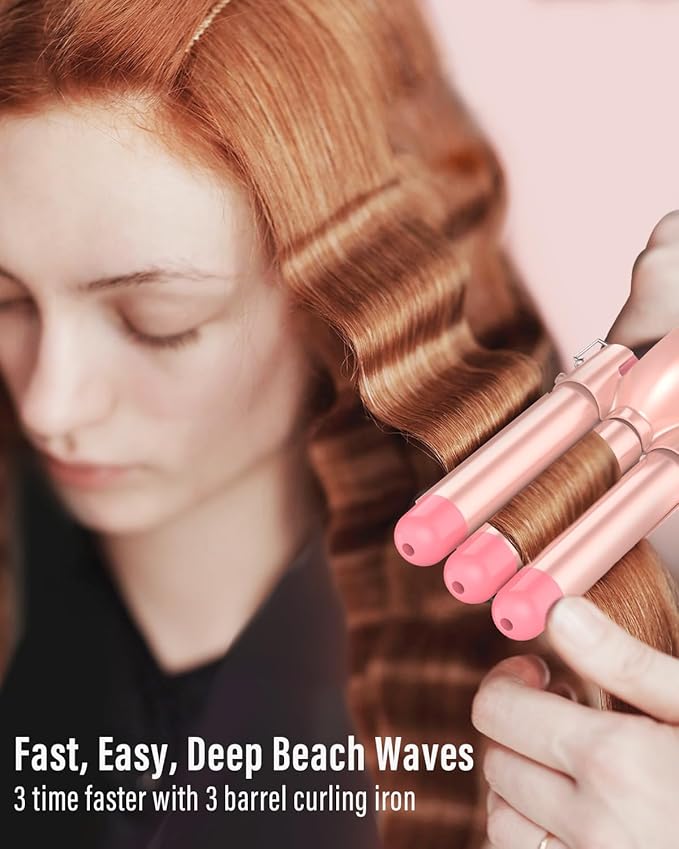 Waver Curling Iron Wand - BESTOPE PRO 5 in 1 Curling Wand Set with 3 Barrel Hair Crimper for Women, Fast Heating Crimper Wand Curler in All Hair Type, Women Gifts - Leather Pink