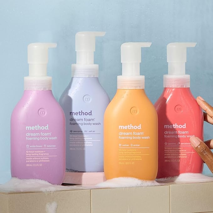Method Dream Foam Foaming Body Wash Variety Pack – Jasmine + Sandalwood, Sea Spray + Salt Air, Vetiver + Amber, White Flower + Tuberose (4 Scents, 13.5 oz Each)
