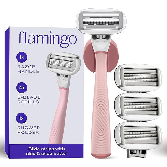 Flamingo Shaving Razor Set for Women - Original Razor Handle, 4 Blade Refills, and Shower Holder - Rose