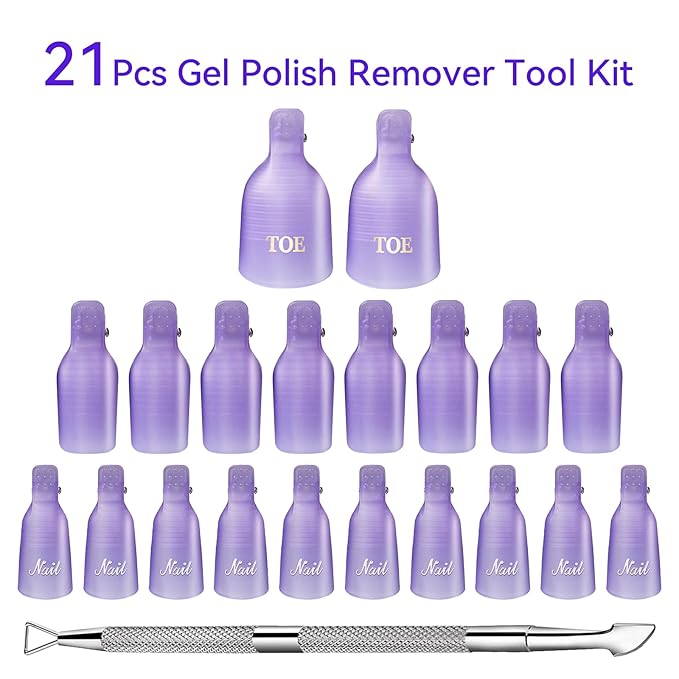 Makartt Nail Polish Remover Clips Kit, 20PCS Reusable Nail Soak Off Clips for Fingers and Toes, Professional Nail Gel Remover Tools with Double-Ended Cuticle Pusher for Removal Acrylic Art Nail Polish