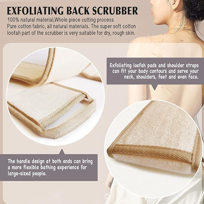 Natural Loofah Sponge Back Exfoliating Scrubber Combo Set, Seep Cleansing Skin and Facial Loofah Pad
