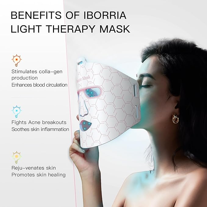 Red Light Therapy for Face, LED Face Mask Infrared Light Anti-Aging, 3 Modes for Blue & Yellow LED for Home, Yoga, Skincare, 2500mAh Rechargeable Remote Control, Adjustable Straps, Silicone