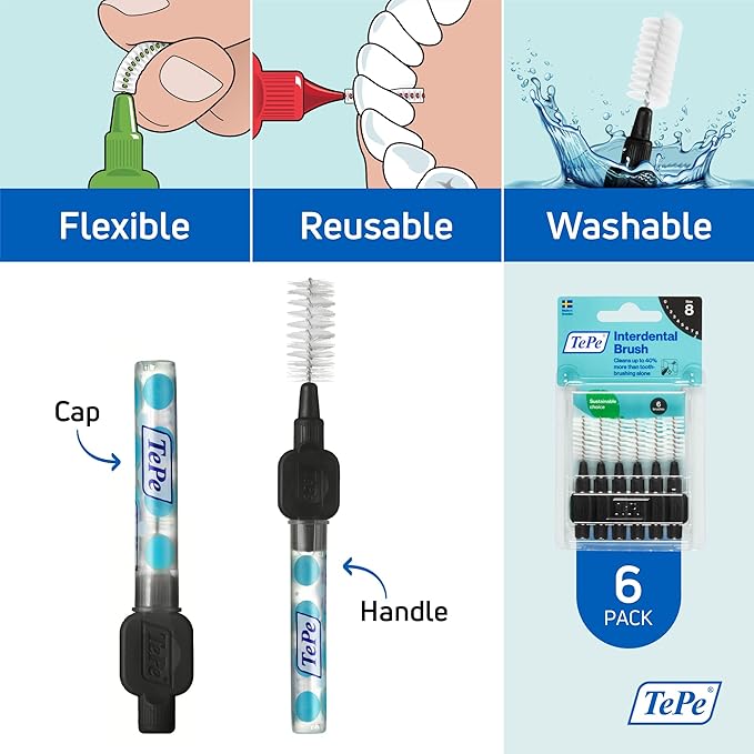 TePe Interdental Brush Original, Soft Dental Brush for Teeth Cleaning, Pack of 6, 1.5 mm, Extra-Large Gaps, Black, Size 8