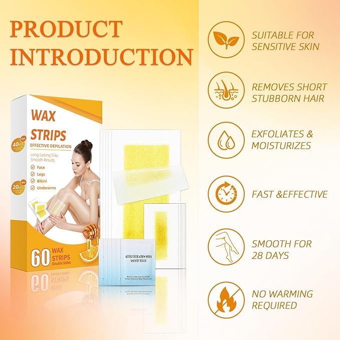 Wax Strips for Hair Removal, Waxing Kit For Women, 60 Pcs - 40 Body Wax Strips, 20 Pcs for Face, 6 Cleansing Oil Towelettes Suitable for Face/Legs/Underarms/Bikini