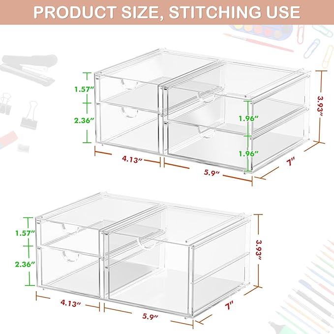 2 Pack Desk Organizers, Makeup Organizer Storage with 7 Drawers, Desktop Office Supplies, Clear Desk Accessories, Dustproof Drawer Organizer and Storage for Make Up, Jewelry, Pen