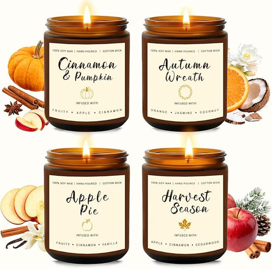 Holiday Candle Gift Set – Cinnamon Pumpkin, Apple Vanilla, Orange Jasmine Coconut, Cedarwood Spice – Long Lasting Soy Candles for Home, Thanksgiving & Christmas Gifts for Women