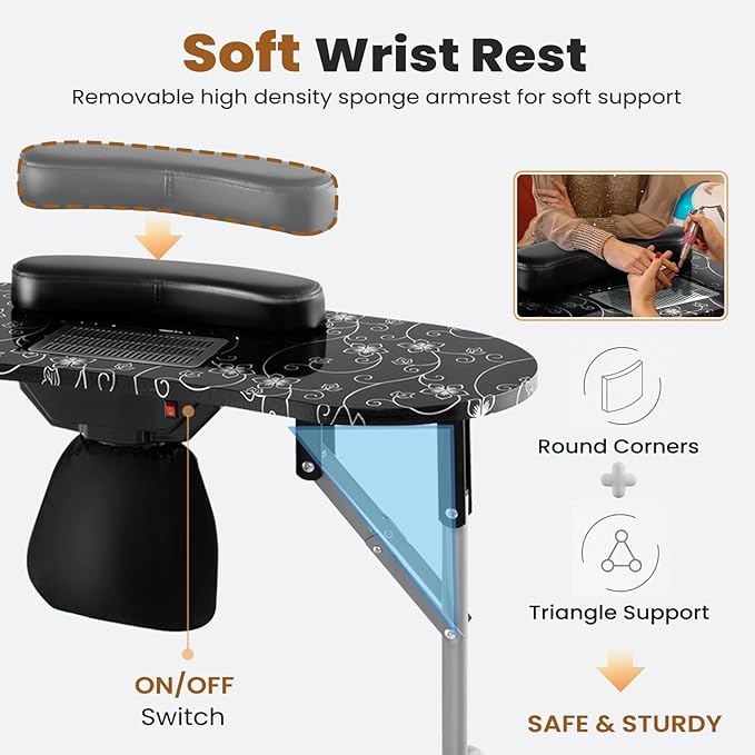 WELLHUT Manicure Table Portable Nail Table Desk with LED Nail Lamp, Elctric Dust Collector, Wrist Rest, Lockable Wheels, Folding Manicure Station for Nail Techs with Carry Bag