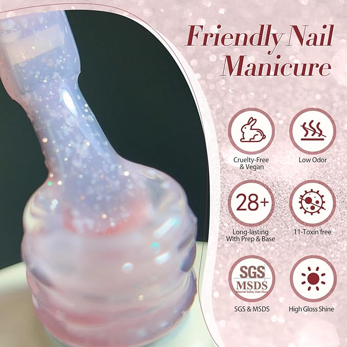 Born Pretty Jelly Gel Nail Polish, Shimmer Glitter Snow Jelly, Milky Pink Translucent Natural Nail Polish, Manicure Salon DIY for Women Girls 15ML