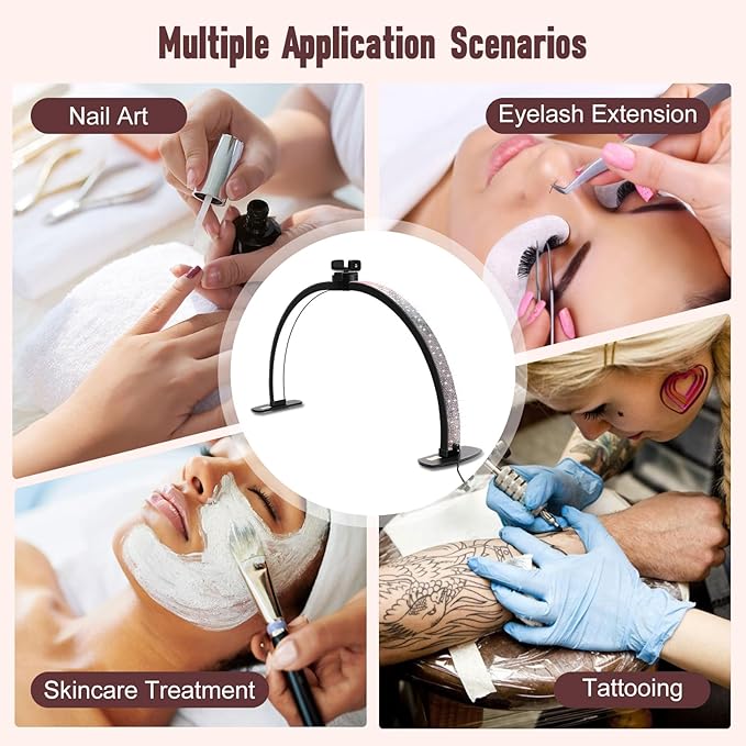 Half Moon Light for Nail Desk with Phone Holder, 29IN Folding Half-Moon Lamp with Shinning Diamond, LED Light for Manicure, Eyelash Extension, Tattooing, Skin Management, Color Temperature 3000-6500K