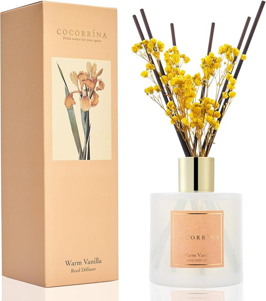 Cocorrína Reed Diffuser - Warm Vanilla Scented Diffuser with 8 Sticks Home Fragrance Reed Diffuser for Bathroom Shelf Decor