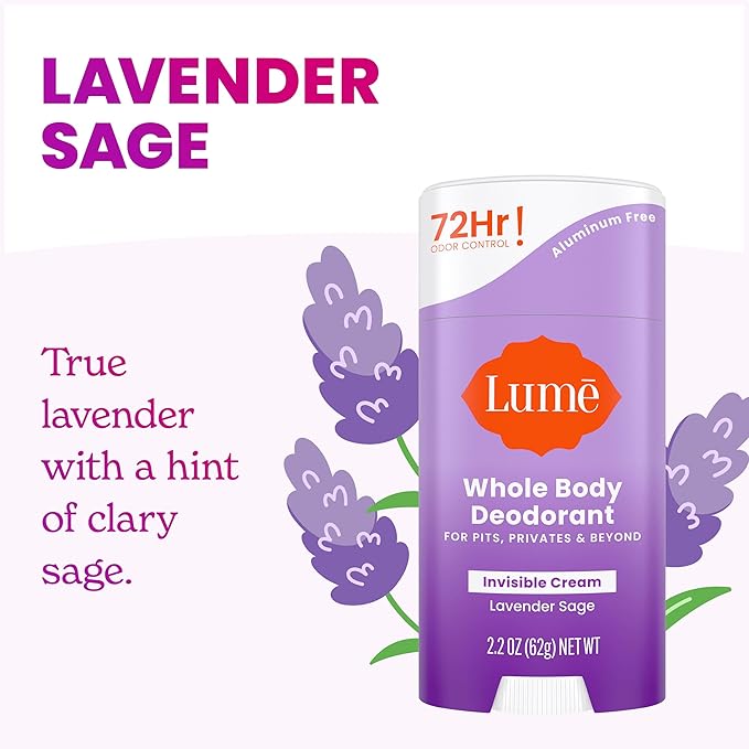 Lume Deodorant Cream Stick - Underarms and Private Parts - Aluminum-Free, Baking Soda-Free, Hypoallergenic, and Safe For Sensitive Skin - 2.2 Ounce (Pack of 2) (Lavender Sage)