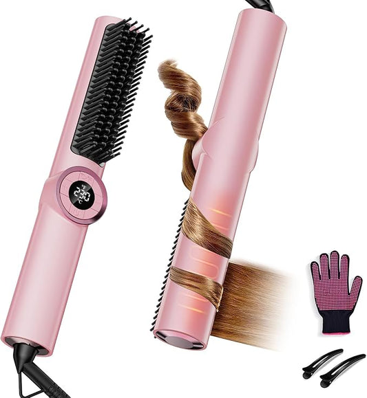 Hair Straightener Brush: 3-in-1 Curling & Straightening Comb with Dual Voltage, Hot Comb with Ionic Coating, Pink
