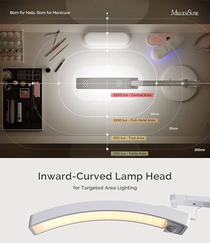 MelodySusie LED Manicure Table Lamp for Nail Techs, S-Pro29G Professional Nail Desk Light with Magnetic UV Curing Lamp, Adjustable Arm, Dimmable Brightness & 3 Color Temps for Gel Nails & Nail Art
