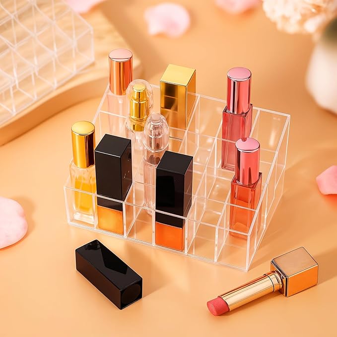 4 Pack Acrylic Lipstick Holder Organizer, 24 Slot Clear Lip Gloss Holder, Lipstick Display Stand for Lipsticks, Lip Balms, Makeup Brushes & Nail