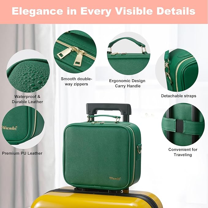 Mocado Travel Makeup Bag with LED Lighted Mirror,Travel Makeup Organizer,Makeup Case with 3 Color Lighted Setting and 10x Magnifying Mirror,Portable Storage and Adjustable Dividers Makeup Box(Green)