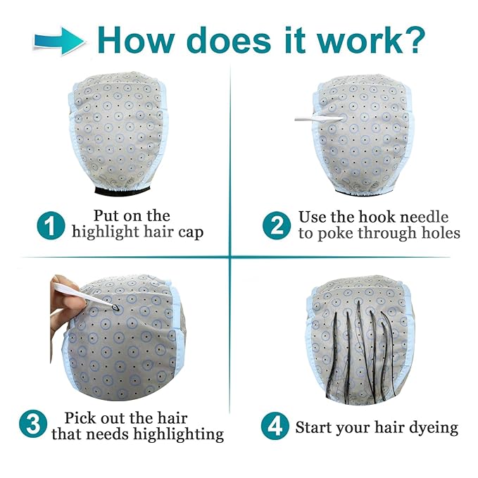 Yzurbu 3pcs Hair Highlighting Caps, Bleach Cap Coloring Frosting Dye Kit with Plastic Hooks for Salon Hair Dyeing Hairdressing (Pink, Blue, Purple）